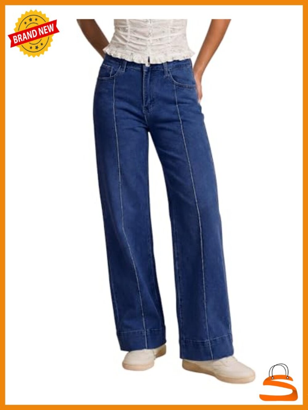 High Rise Wide Leg Stretchy Baggy Jeans with Front Seam